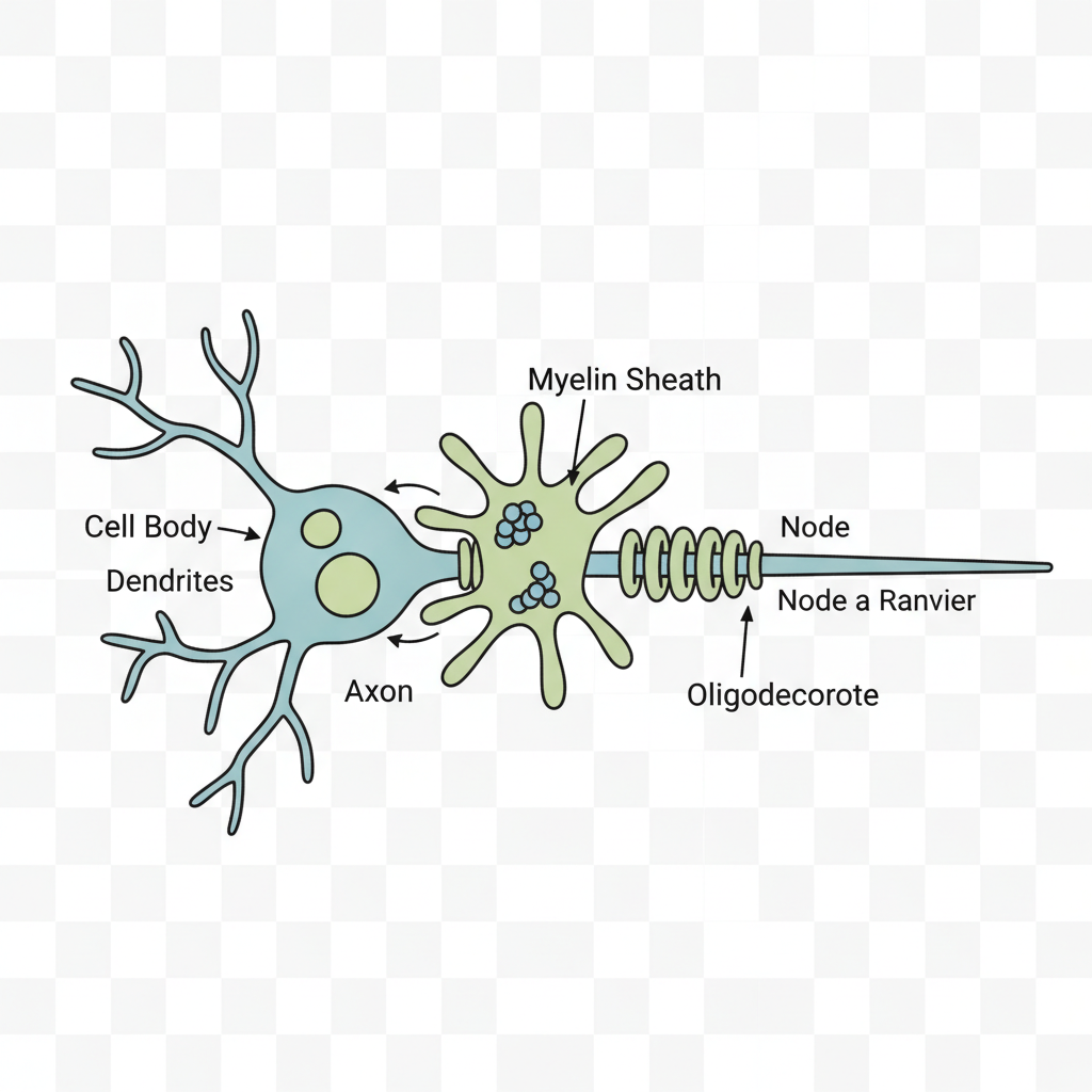 Diagram of a neuron with oligodendrocyte and myelin sheath