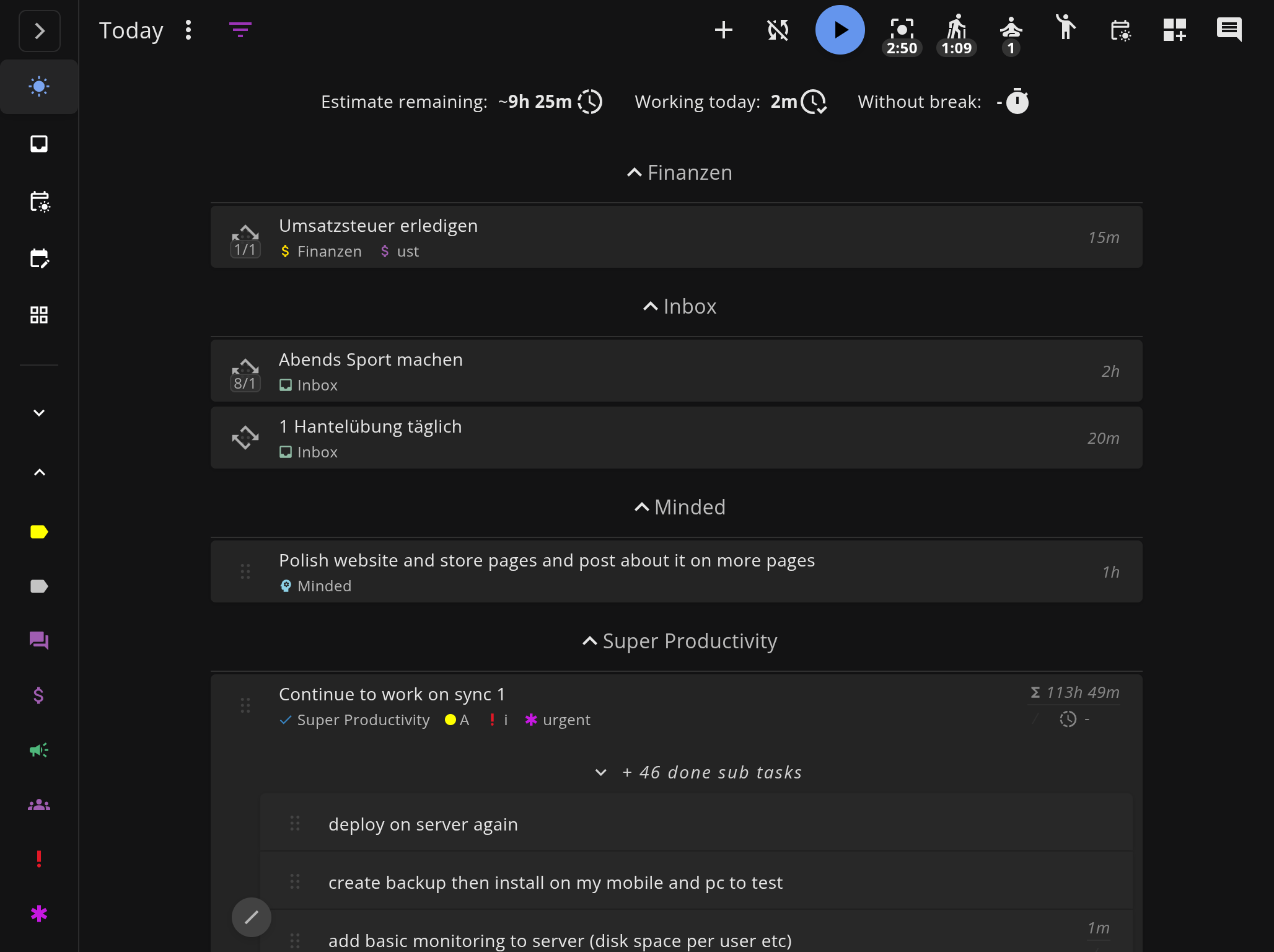 Tasks organized by project in Super Productivity