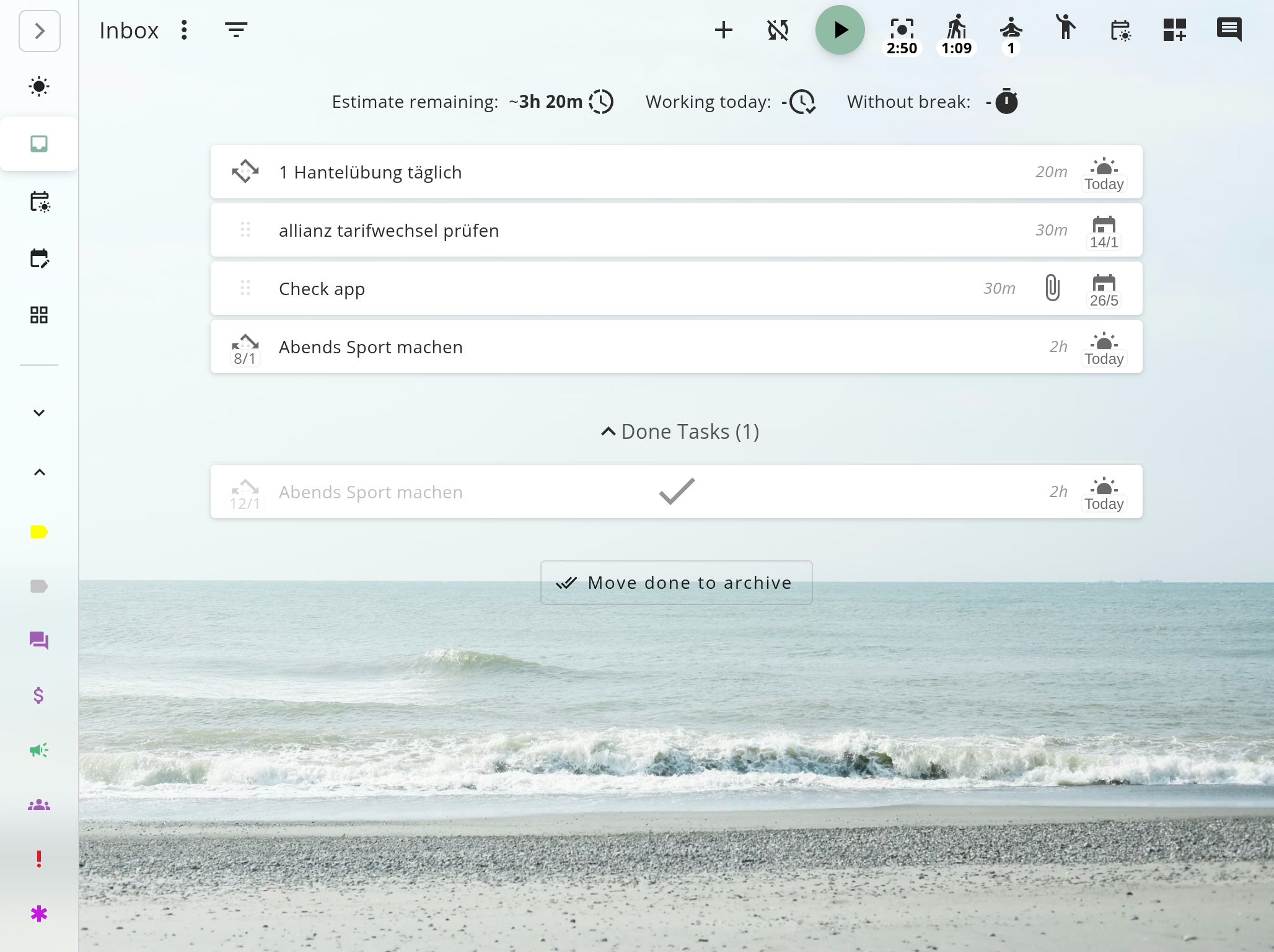 Super Productivity inbox view showing captured tasks with time estimates and completed items