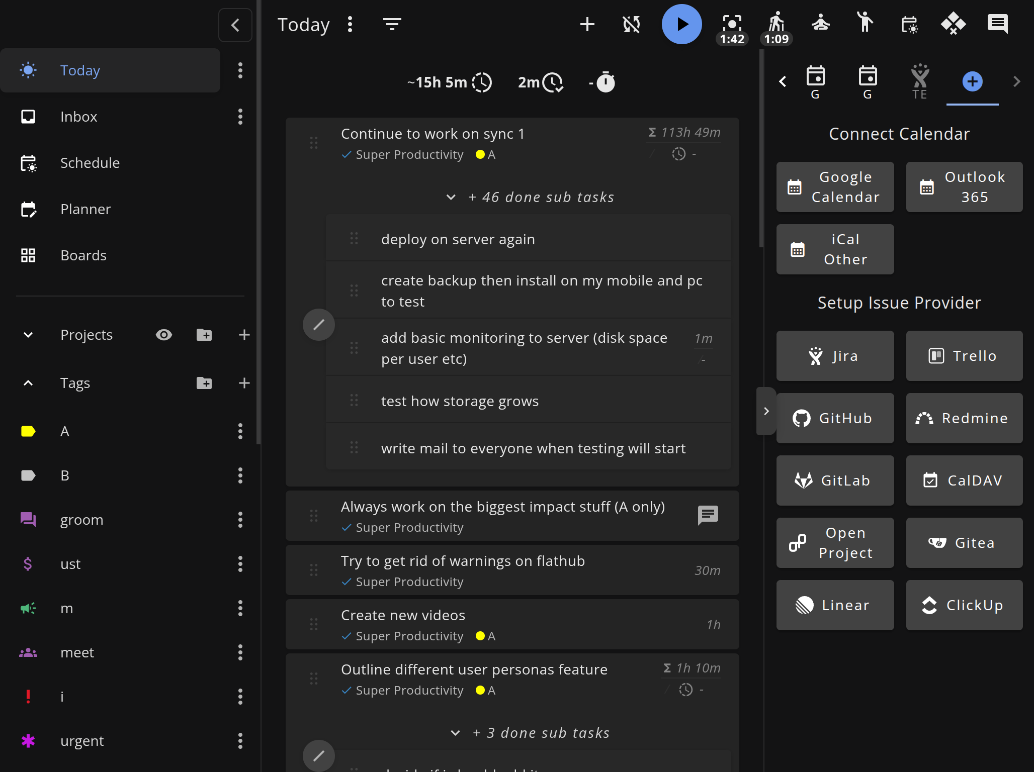 Issue provider configuration panel in Super Productivity