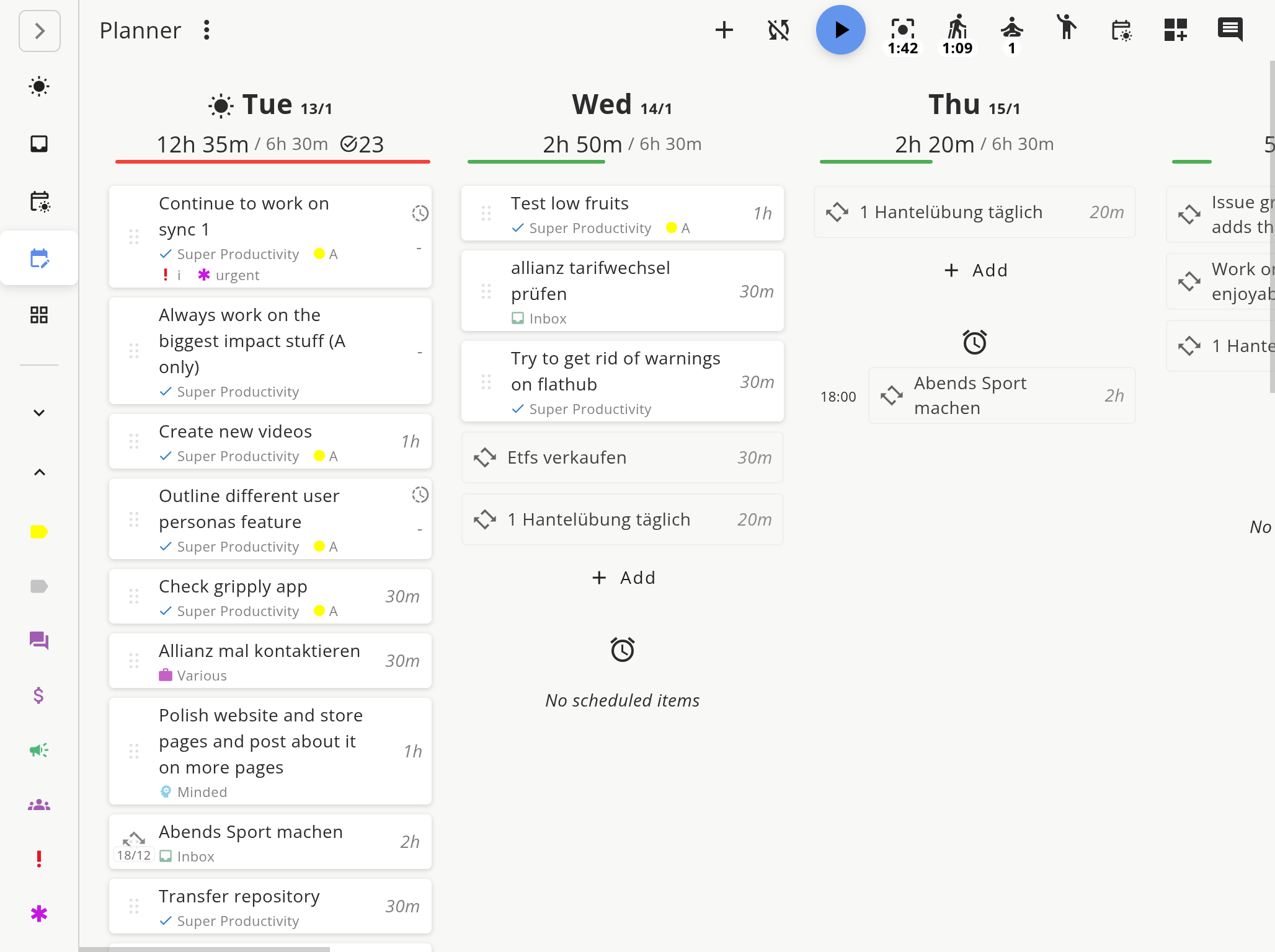 Planner view showing timeboxed tasks for the day