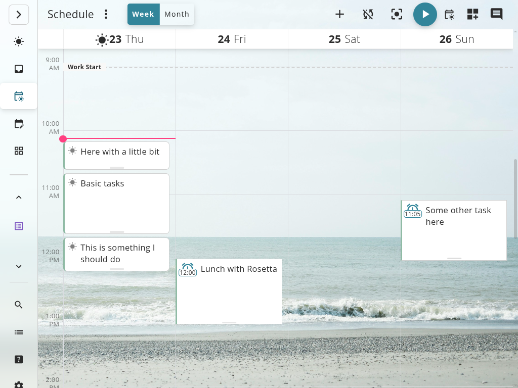Calendar view showing tasks, meetings, and sync controls