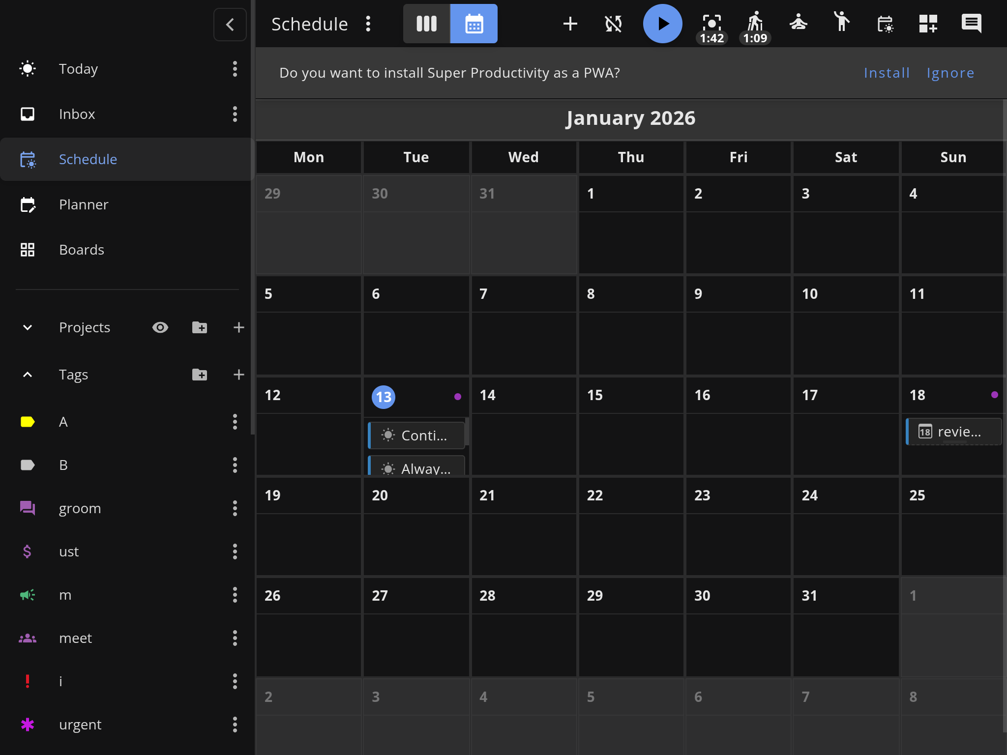Monthly schedule view for reviewing your time